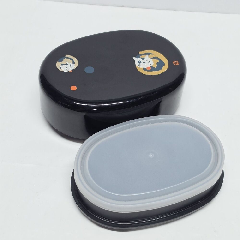 Kotobuki 2-tiered Bento Lunch Black Box Cat Theme NEW with Imperfections